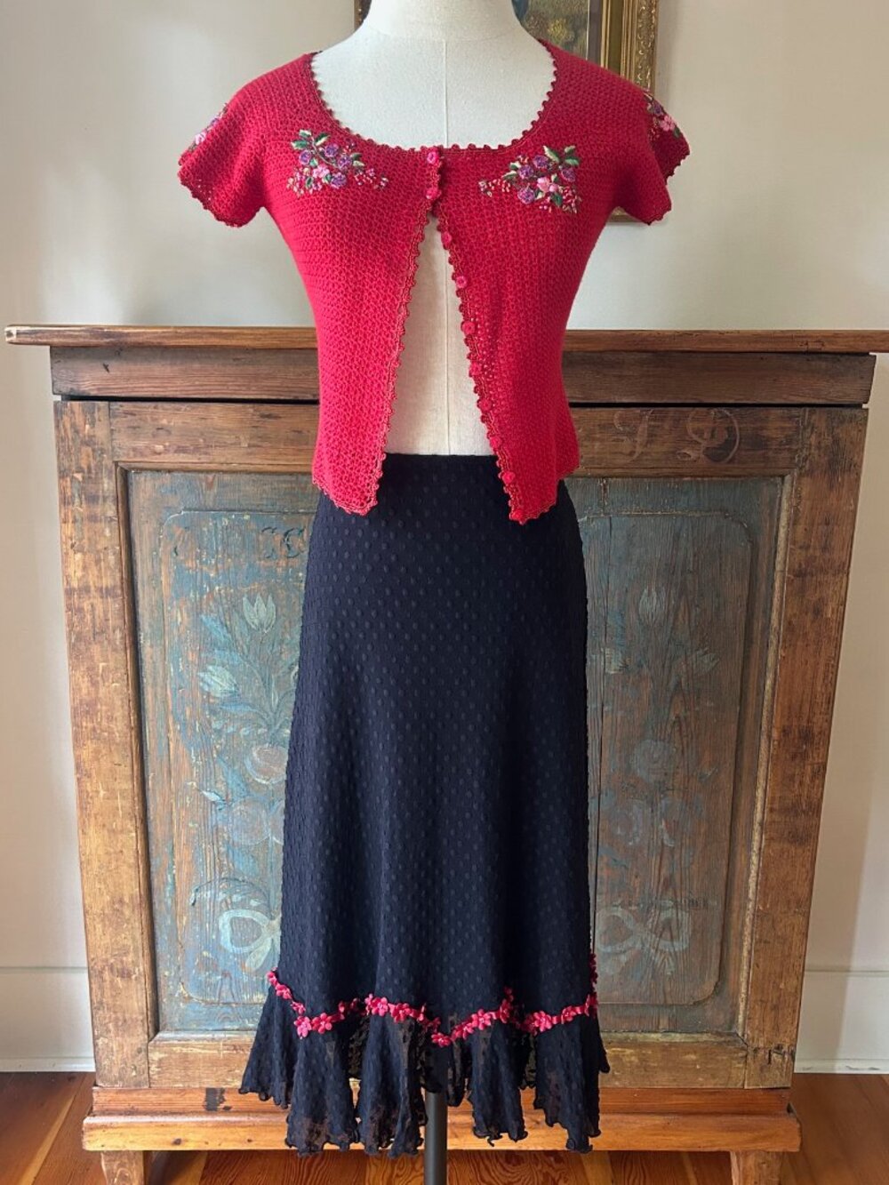 Vintage Betsey Johnson New York Swiss Dot Red Flowers Skirt